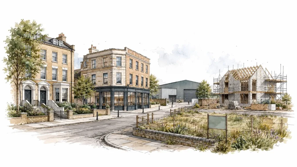 Watercolour illustration of residential, commercial and development property across the UK