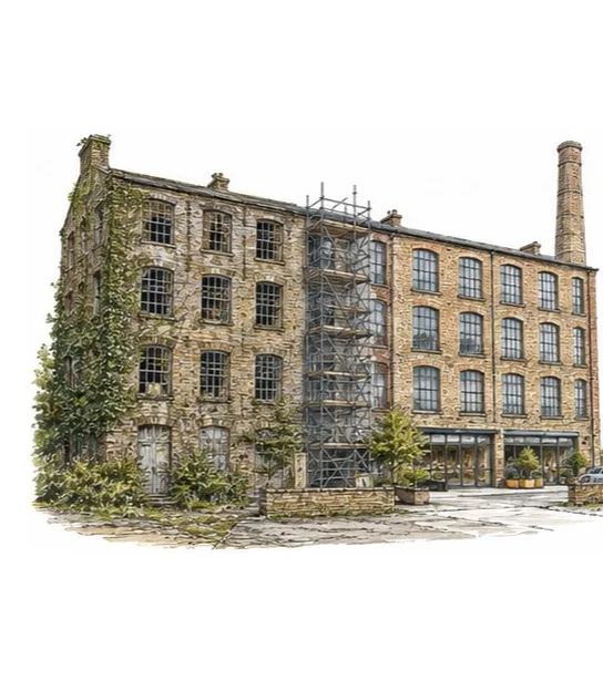 Illustration of a mill building under renovation